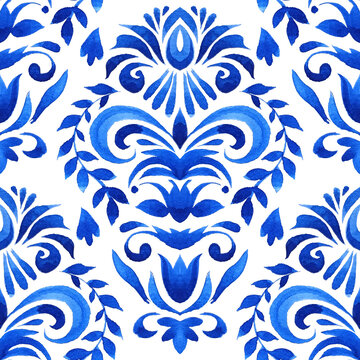 Abstract seamless ornamental watercolor damask arabesque paint pattern. Gorgeous damask tile design