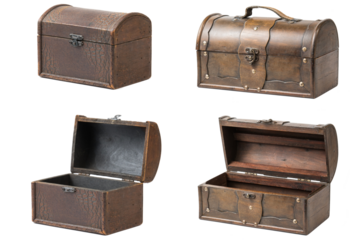 pirate chest treasure isolated on white background - chest box in opened chest box, closed chest box storage, PNG, TRANSPARENT WOODEN 