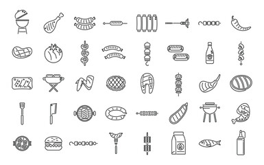 Grilled food icons set outline vector. American cooked. Korean chicken