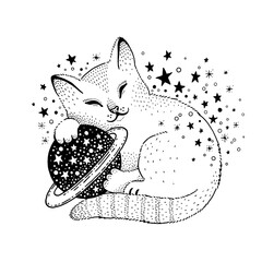 Magic cat tattoo. Space saturn art. Esoteric and alchemy cute background. Fantasy graphic for girl and baby. Midnight cat vector print. Coloring book starry animal. Mysterious celestial galaxy symbol © Olga Che