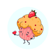 Cute cartoon character strawberry muffin blowing a kiss