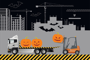Greeting card. A forklift is loading a truck with halloween pumpkins. © AliaksaB