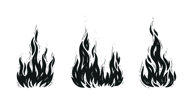 Vector Fire Flame Set. Campfires Silhouettes. Bonfire Black and White Drawing.