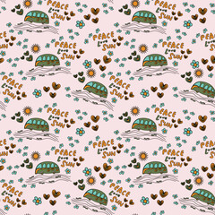Seamless abstract pattern. Cars, roads, hearts, stars, suns, flowers. Green, orange, pink, black. Vector. Groovy background. Designs for textile fabrics, wrapping paper, background, wallpaper, cover.