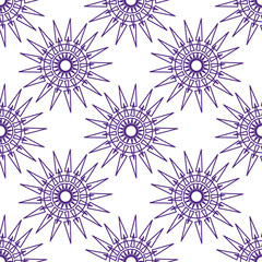 Seamless abstract geometric pattern. Purple, white. Vector illustration. Ethnic texture. Suns, circles, lines, triangles. Design for textile fabrics, wrapping paper, background, wallpaper, cover.