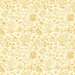 Mexico Vector Seamless pattern. Mexican flora and fauna. Nature of Mexico - Plants and animals. Hand drawn doodle Cactus, butterflies, reptiles, crocodile, toucan bird