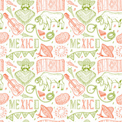 Mexico Vector Seamless pattern. Mexican items - Hand drawn doodle Mexican man, ponchos, sombrero, guitar, rodeo, bull, lasso