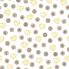 Hand drawn doodle flowers and hearts Seamless pattern. Valentines background. Happy Valentine's Day. Seamless floral pattern