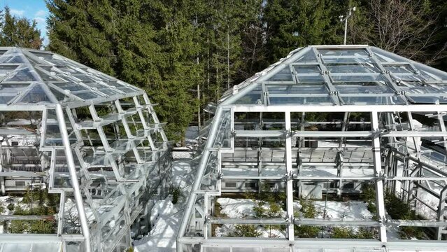 Station science greenhouse snow winter frost drone aerial open top chambers climate change research Bily Kriz, plant spruce Picea abies Norway European mountain beech Fagus sylvatica common scientific