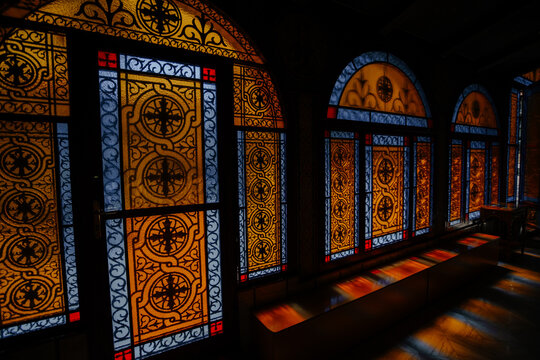 colorful stained glass in an orthodox greek church. High quality photo