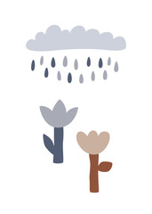 Cute minimalist poster with simple doodle flowers and rain cloud. Vector illustration isolated for print or greeting card