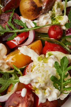 burrata salad with tomatoes. close up