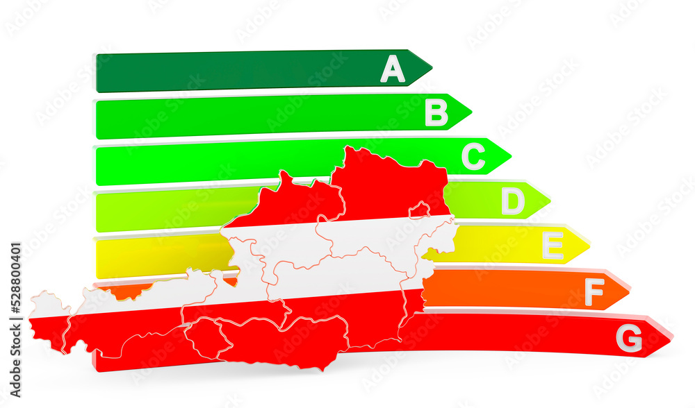 Aufkleber austrian map with energy efficiency rating, 3d rendering