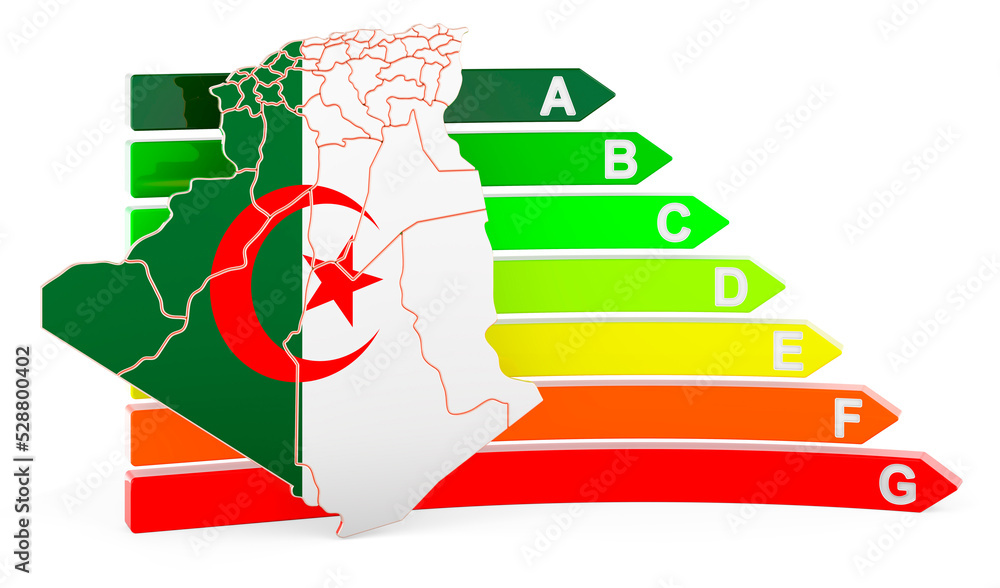 Poster algerian map with energy efficiency rating, 3d rendering