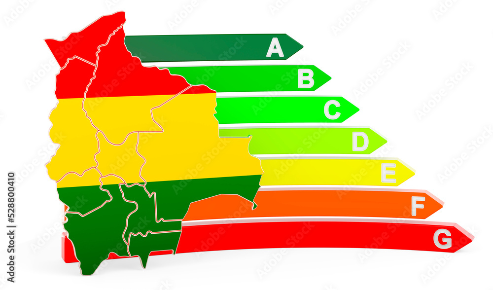 Poster bolivian map with energy efficiency rating, 3d rendering