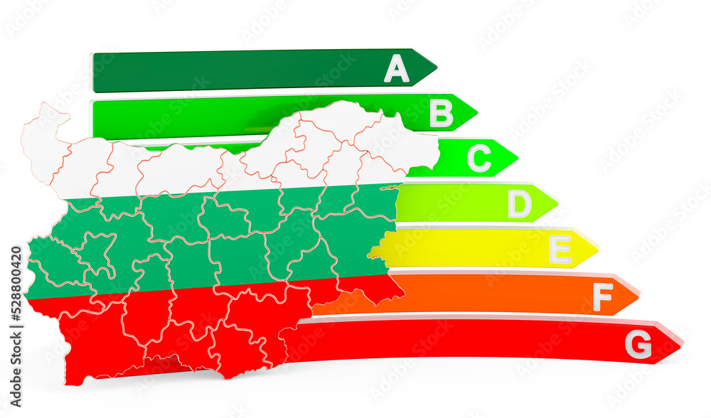 Poster bulgarian map with energy efficiency rating, 3d rendering