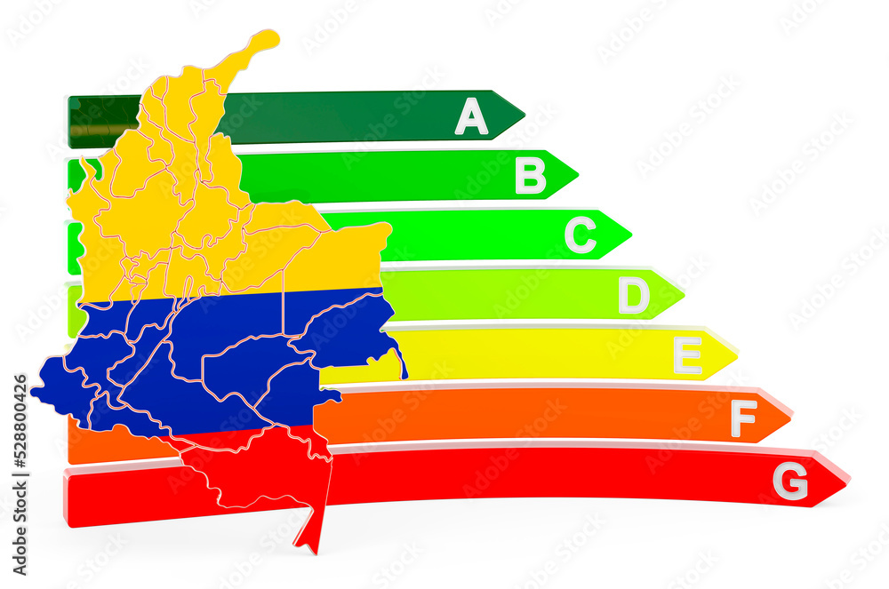 Poster colombian map with energy efficiency rating, 3d rendering
