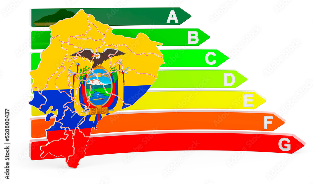 Poster ecuadorian map with energy efficiency rating, 3d rendering