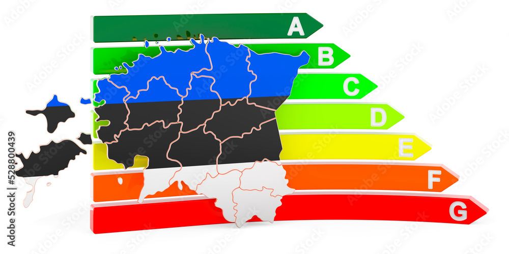 Poster estonian map with energy efficiency rating, 3d rendering