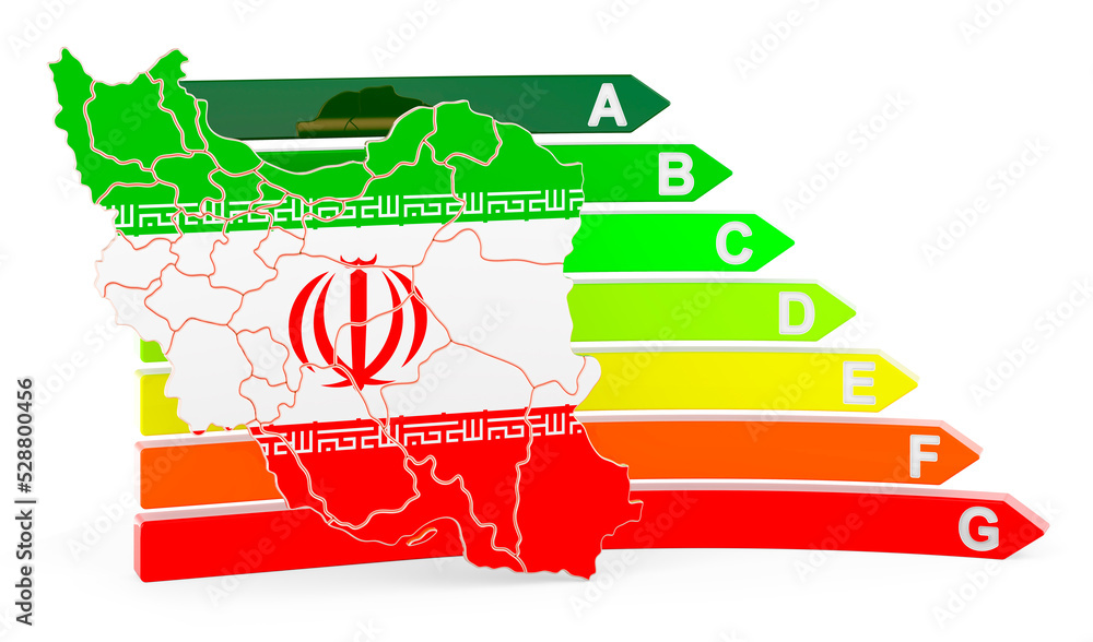 Poster iranian map with energy efficiency rating, 3d rendering