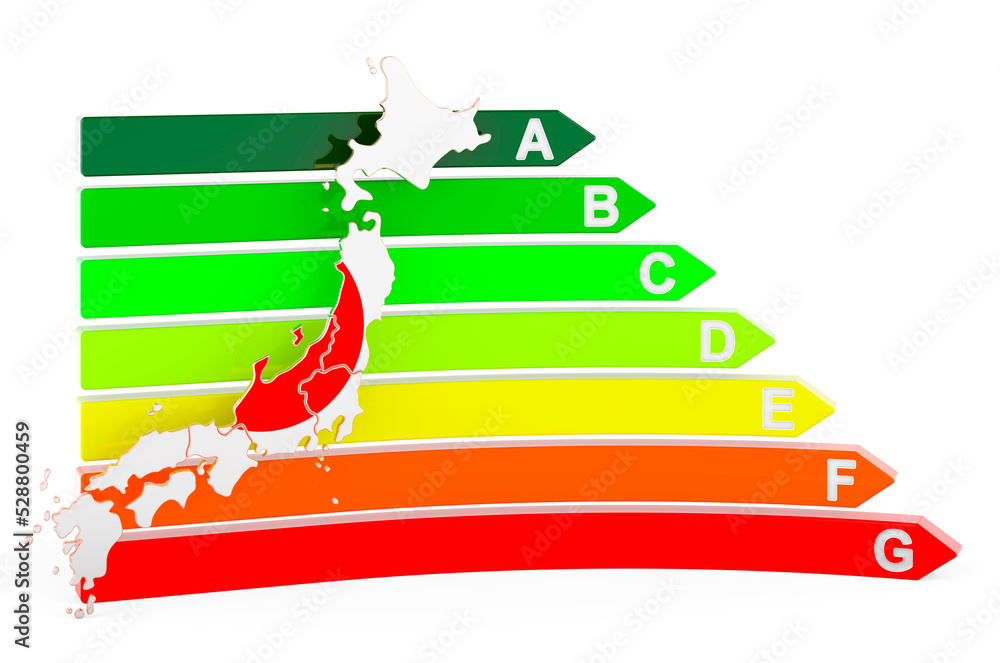Poster japanese map with energy efficiency rating, 3d rendering