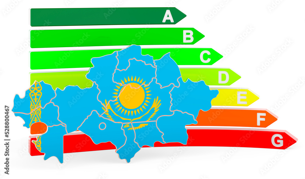 Poster kazakh map with energy efficiency rating, 3d rendering