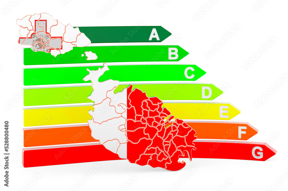 Poster maltese map with energy efficiency rating, 3d rendering