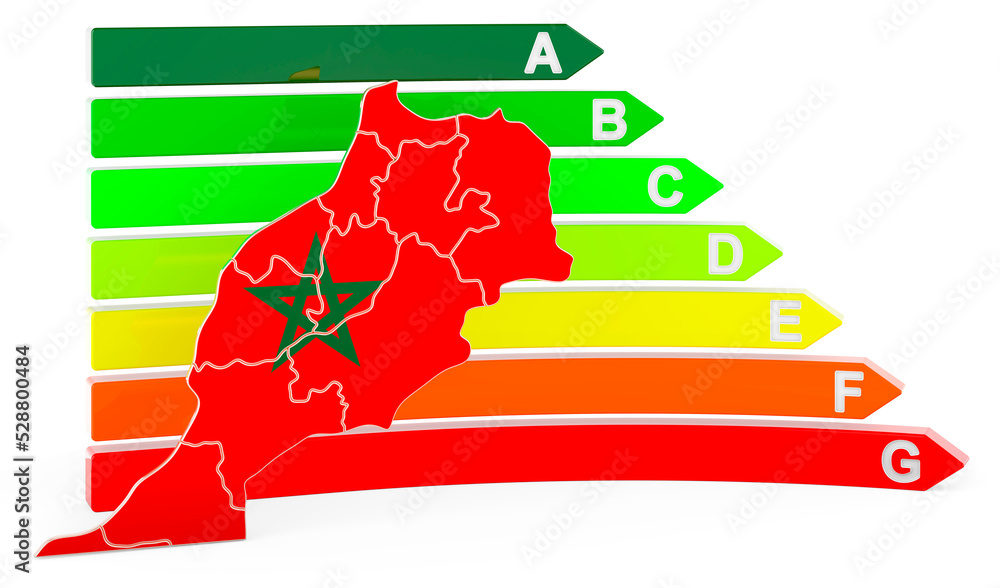 Poster moroccan map with energy efficiency rating, 3d rendering