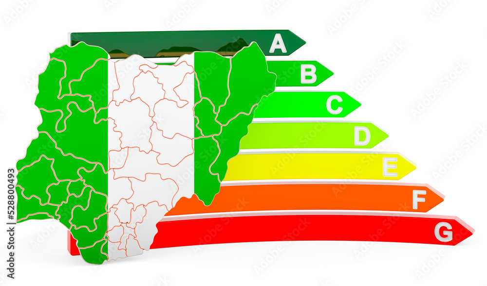 Poster nigerian map with energy efficiency rating, 3d rendering