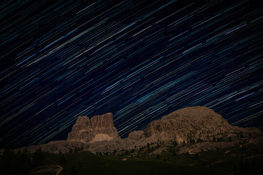 Startrail at the Piano Falzarego in the Dolomites with the Croda Negra and the Averau between the regions of Trentino Alto Adige S&uuml;dtirol and Veneto