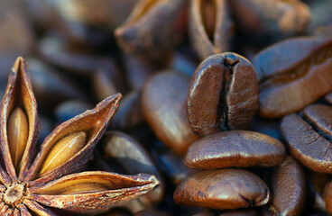 roasted coffee beans with star anise, macro