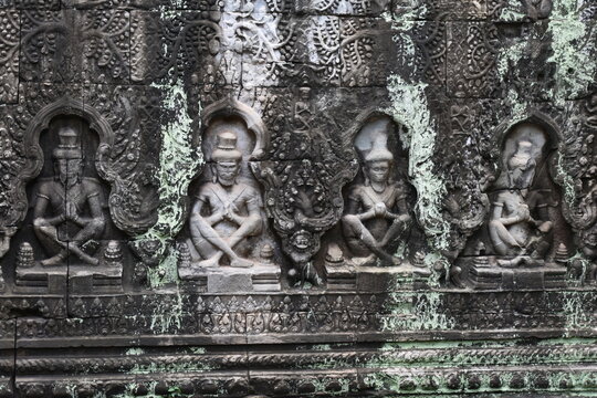 Relief Carving of Khmer Men at Prayer in Preah Khan Temple, Siem Reap, Cambodia