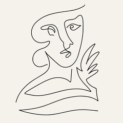 Vector hand drawn minimalistic illustration of character. Creative one line abstract artwork with portrait . Template for card, poster, banner, print for t-shirt, brochure.