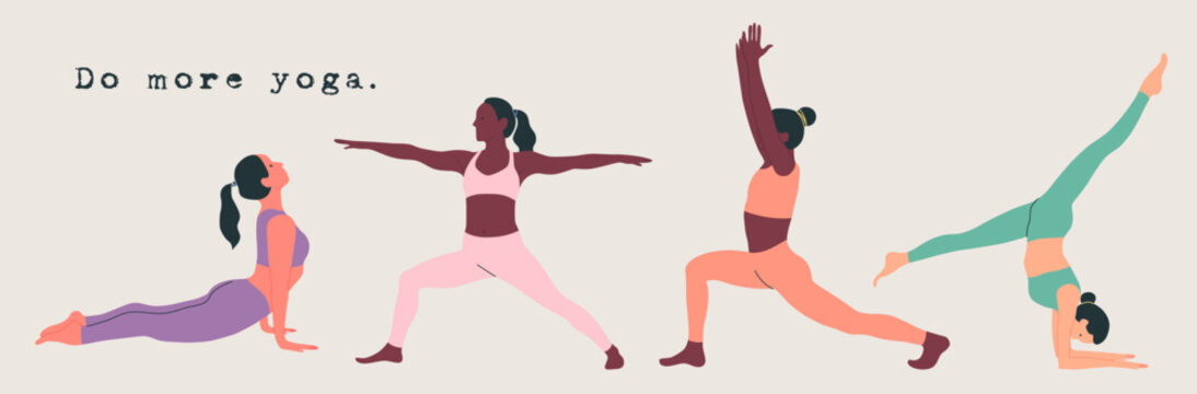 Set of women wearing sportswear doing Yoga. Young slim girls doing yoga. Hand drawn colored Vector illustrations. Weight Loss. Health care and lifestyle concept. Female yoga.