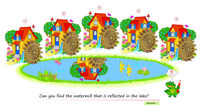 Logic puzzle game for children and adults. Can you find the watermill that is reflected in the lake? Page for brain teaser book. Developing kids spatial thinking. Task for attentiveness.