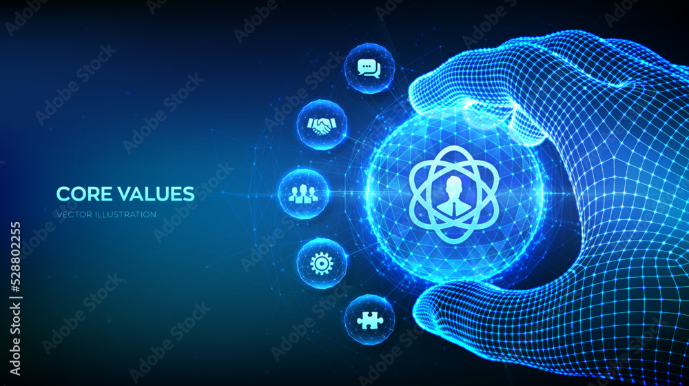 Poster core values. responsibility ethics goals company concept in the shape of polygonal sphere in wirefra
