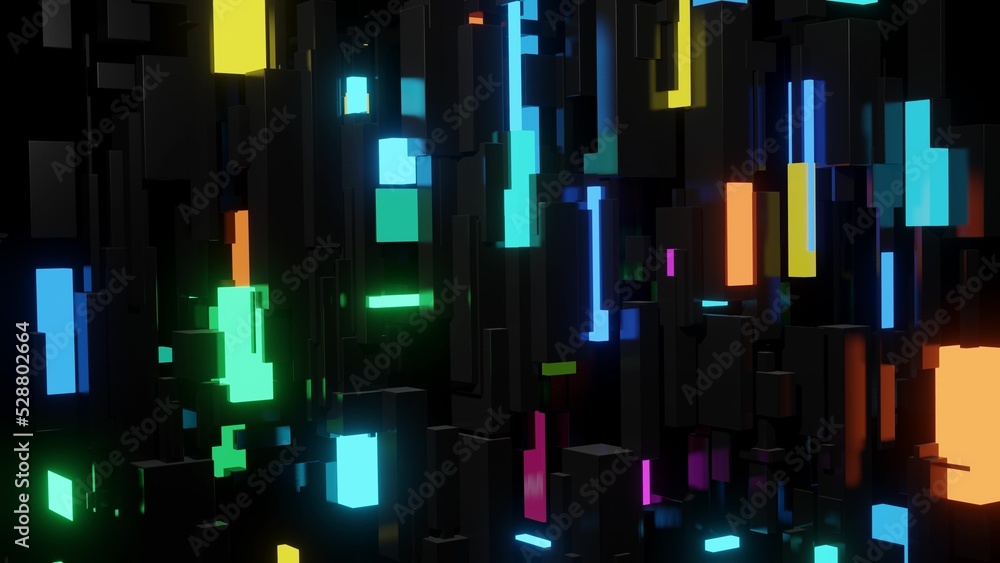 Poster 3d render. different sizes cubes network lighting multicolor neon light, like night city. abstract d