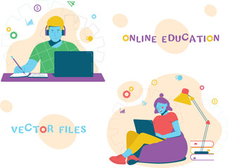 Flat design concept of online education, training and courses, training, video tutorials. Vector illustration for a website banner, marketing materials, presentation template, online advertising.