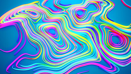 Abstract bg with multicolor lines or ribbons forming curl noise on blue plane. Concept of abstract computing neural network or ai. Curved ribbons on plane. 3d render