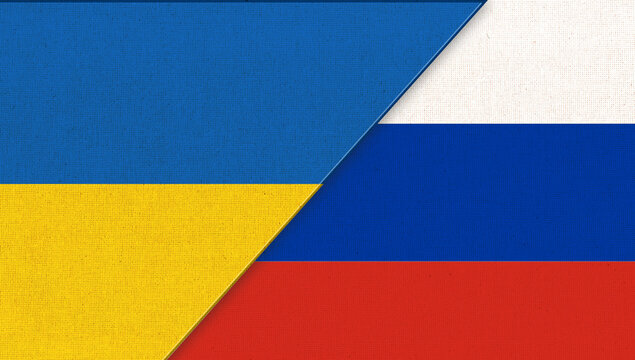 Flag Of Ukraine And Russia. Ukrainian And Russian State Flags. Fabric Texture