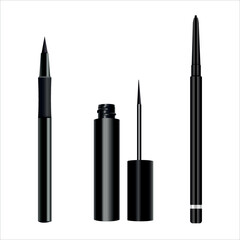Set Realistic vector eyeliner with black bottle magic pen and rotate pencil.