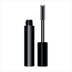 realistic vector mascara brush und black bottle. modern mascara with shiny black package.