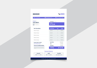 Business invoice form template. Invoicing quotes, money bills or price invoices and payment agreement design templates