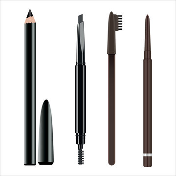 3d realistic difference type of eyebrow pencils. set of eyebrow pencils with black und dark brown colour. eyebrow pencil with cap and brush.