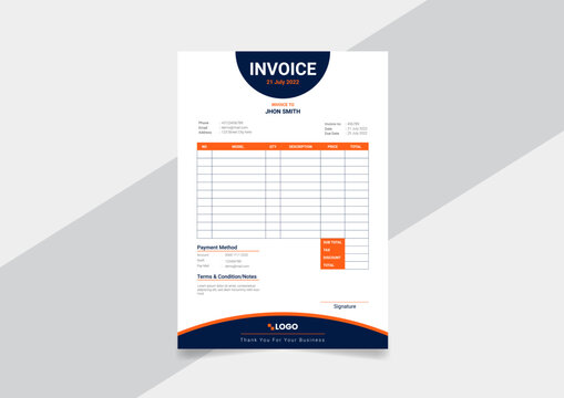 Business invoice form template. Invoicing quotes, money bills or price invoices and payment agreement design templates