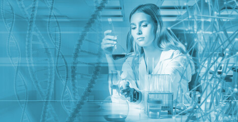 Geneticist woman. DNA helix. Geneticist works with human DNA. Chromosomal analysis. DNA tests. Human genome research. Genetic engineering. Girl with test tubes is sitting at table. Gene manipulation.
