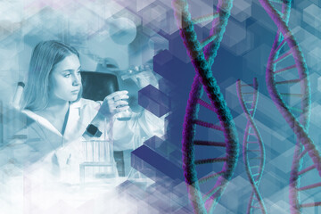 Geneticist in laboratory. Woman is engaged in manipulating genes. Geneticist is sitting at table...