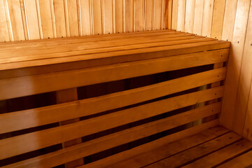 Interior details of traditional Finnish sauna steam room. Traditional old Russian bathhouse SPA Concept. Relax country village bath concept