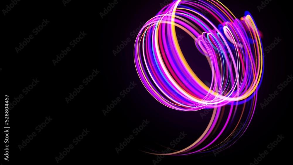 Poster motion graphics, sci-fi bg. stream of multicolor neon lines form spiral shape, curls and pattern. ab