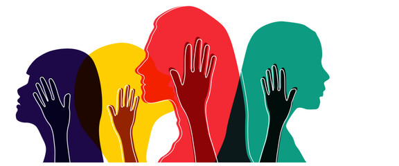 Banner background of human profile silhouette. Colorful up hands. Vector illustration